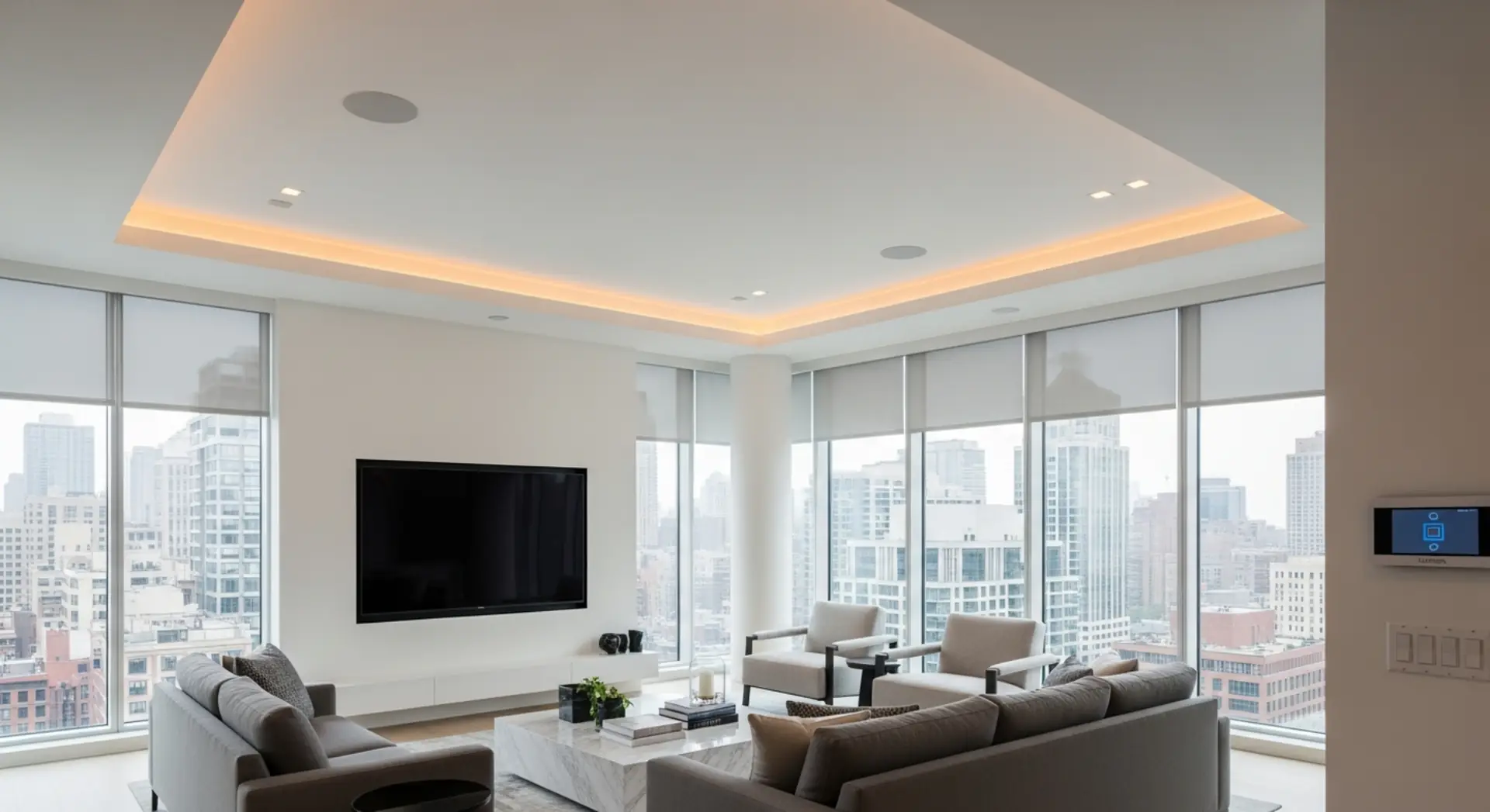 Illustrative residential living room with integrated technology and warm lighting