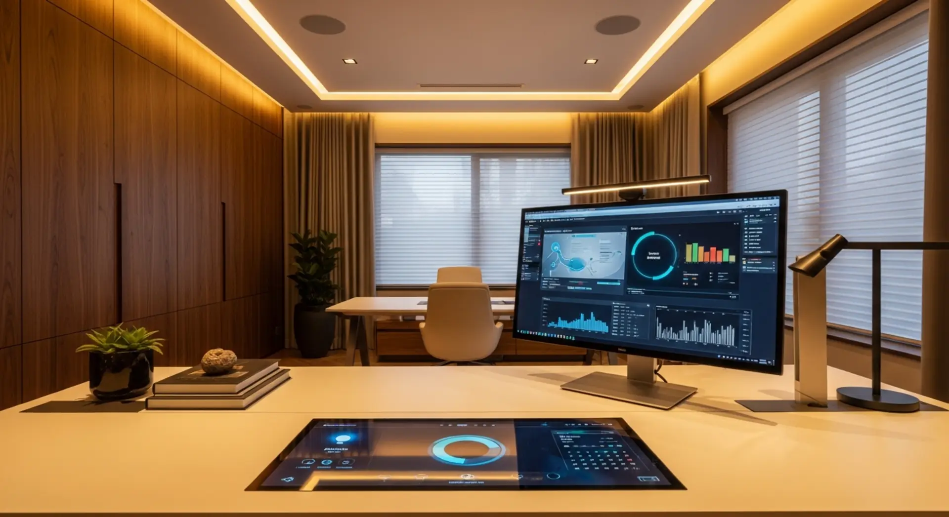 Illustrative residential interior with layered task and architectural lighting